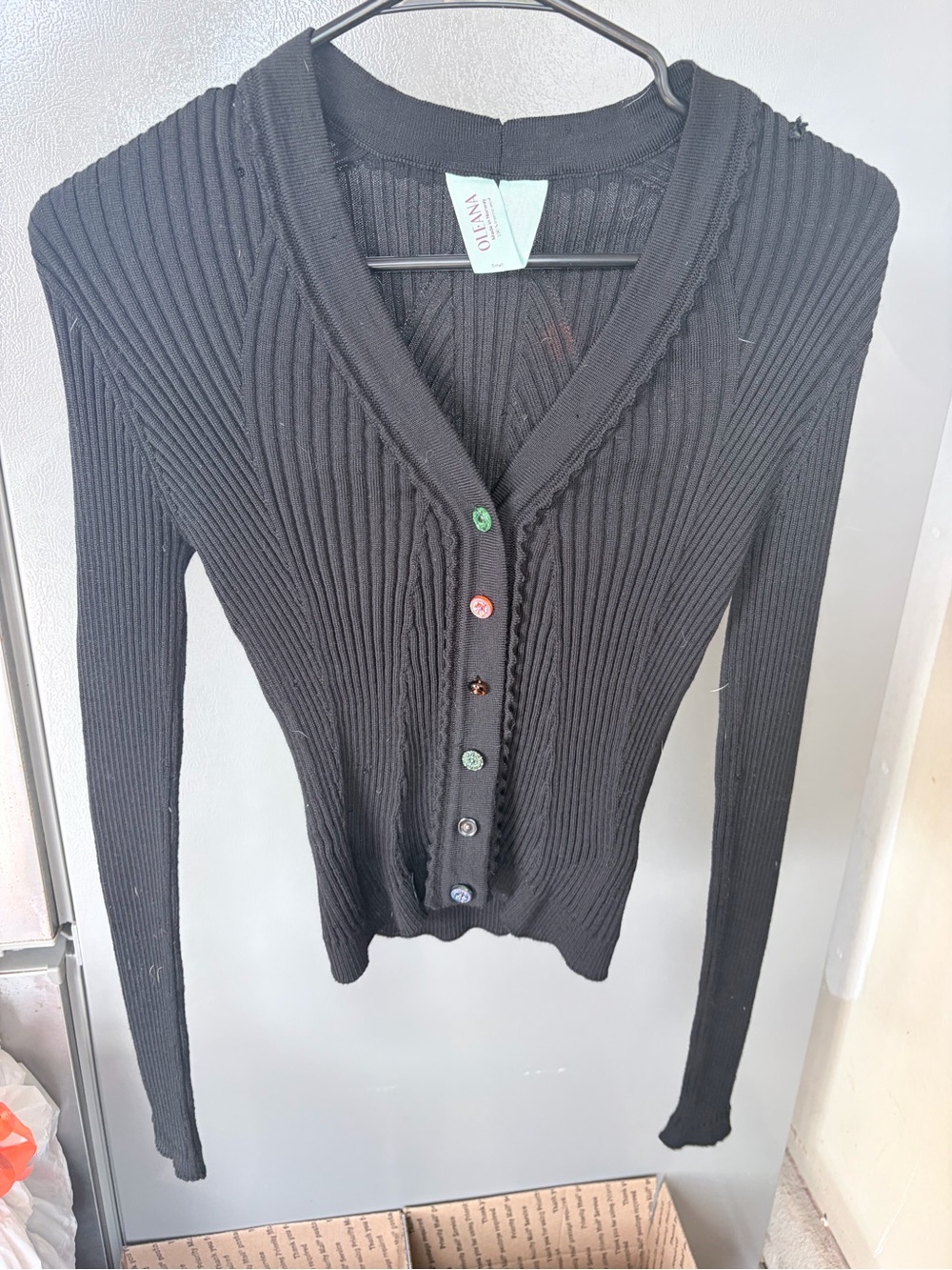 Oleana Black Ribbed V-Neck Button Wool Cardigan Sweater